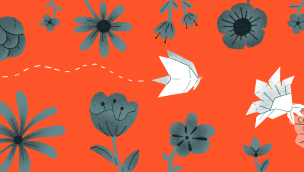 illustration of an origami bird amongst flowers