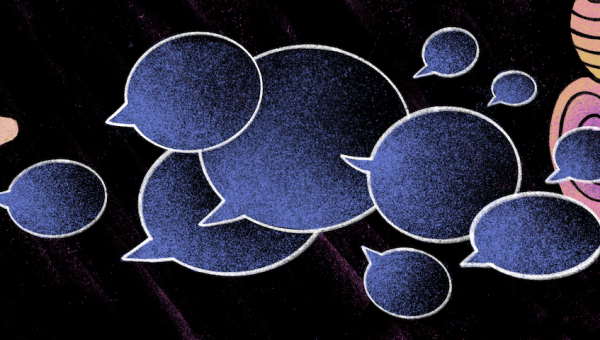 Illustration of a person speaking to another, with speech bubbles representing conversation