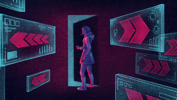 illustration of someone in a room with exit signs