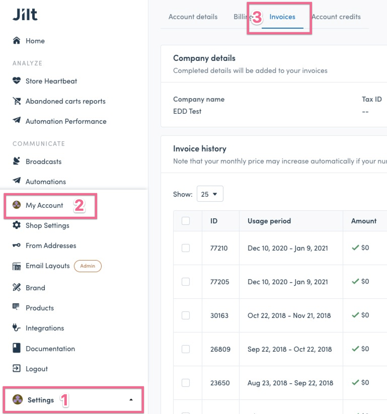 Export Jilt invoices