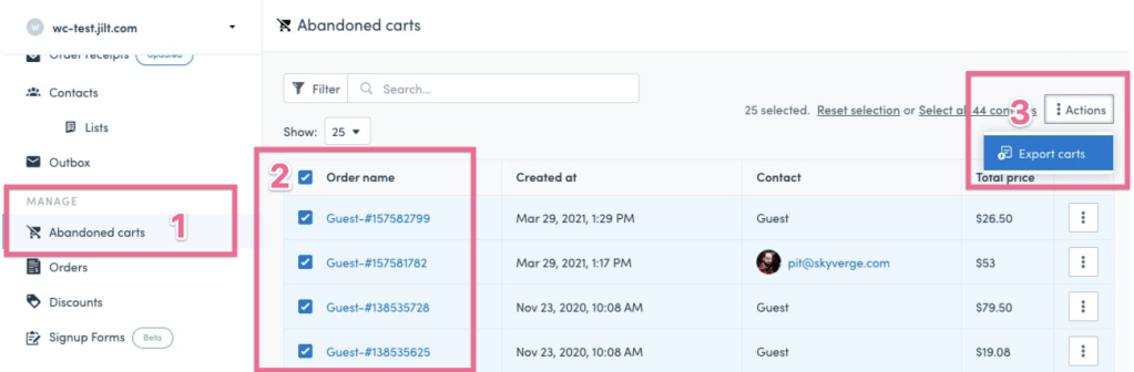 Export Jilt shopping carts