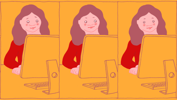 Woman looking at computer screen.