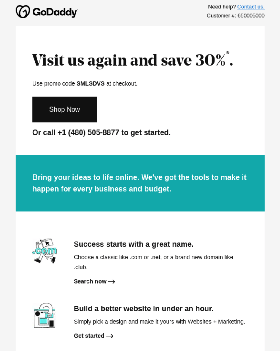 GoDaddy re-engagement email
