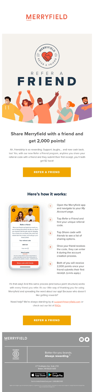 Example of a Refer a Friend email from Merryfield