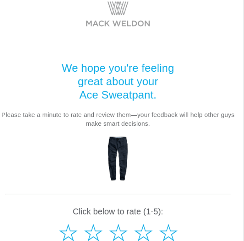 Email Marketing for a WooCommerce Subscription Business: Mack Weldon review request