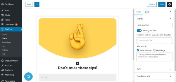 Email signup forms: MailPoet form editor 1