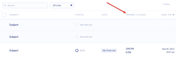 How to use email analytics: MailPoet Emails area, with an arrow highlighting the area for Open and Click rates