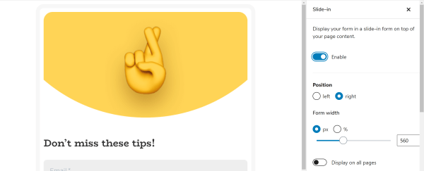 Slide-in form settings in MailPoet