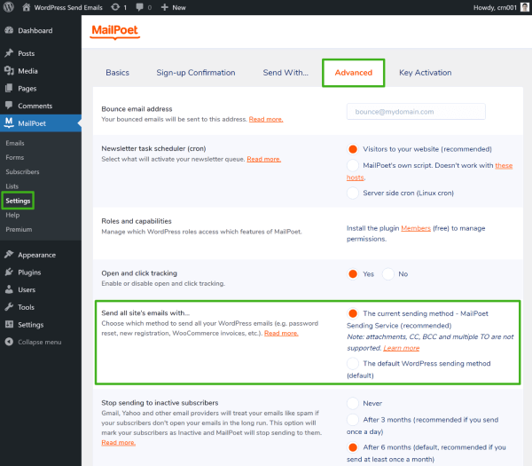 MailPoet SMTP sending for transactional emails