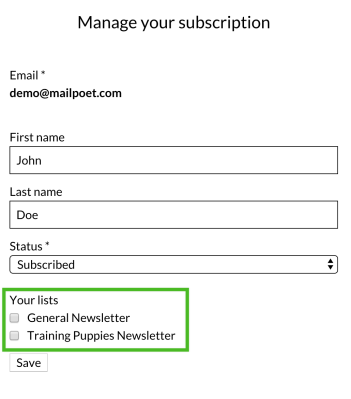 Manage subscription list selection example. 