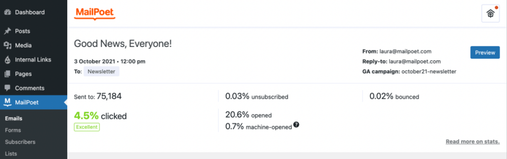 MailPoet new analytics