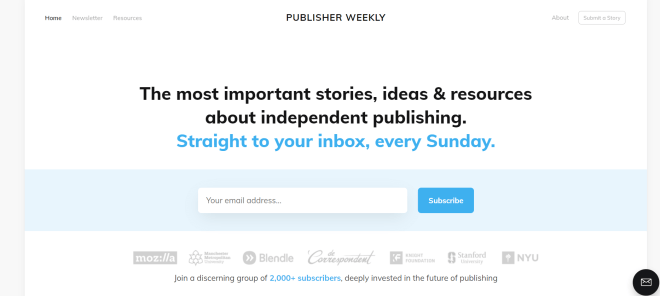Newsletter landing page example from Publisher Weekly