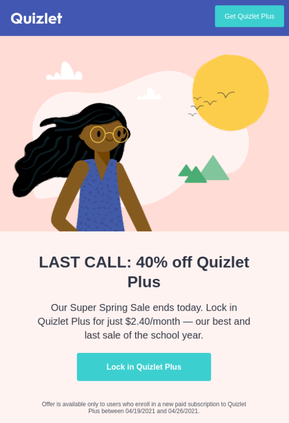 How to promote your sales with email marketing: Quizlet "Last day of sale" email