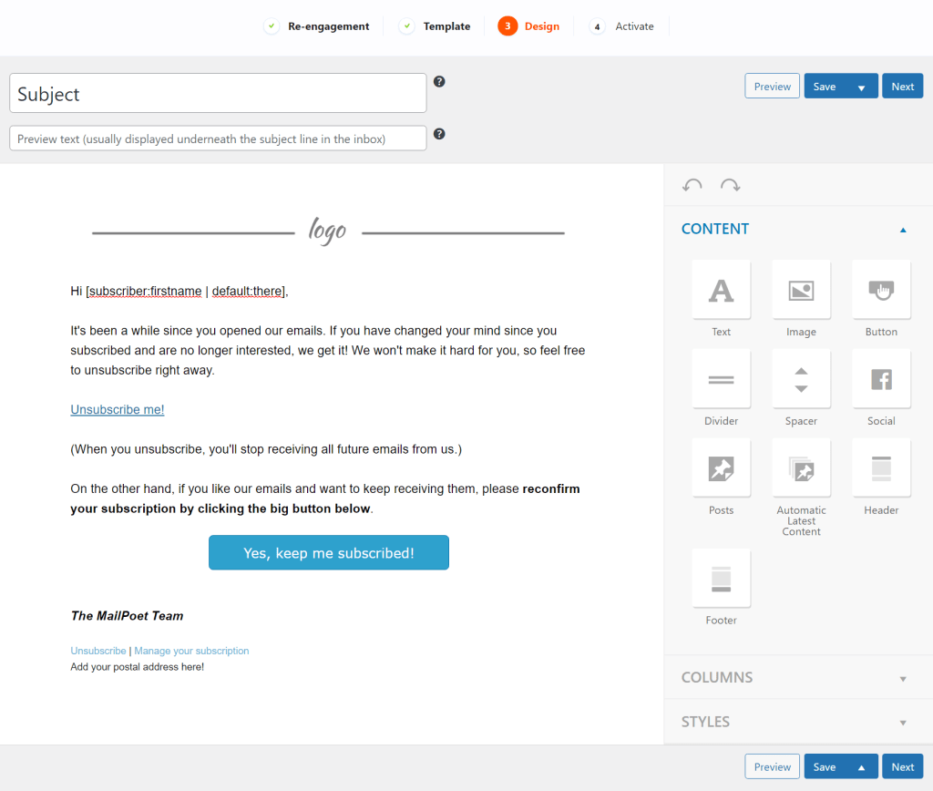 MailPoet visual email builder interface