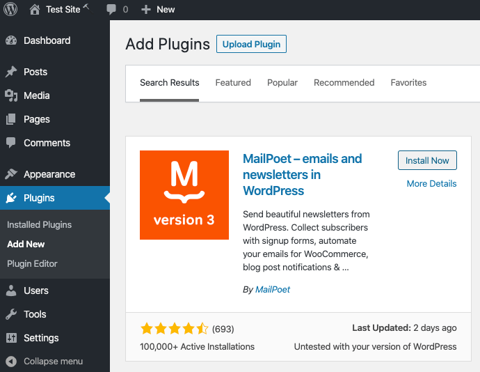 MailPoet plugin in WordPress dashboard