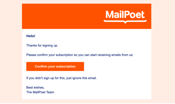 Screenshot of MailPoet's signup confirmation email