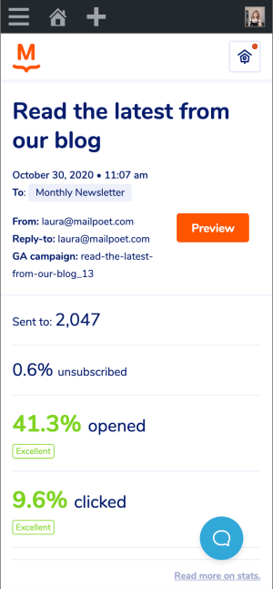 Mobile version of the stats page in MailPoet