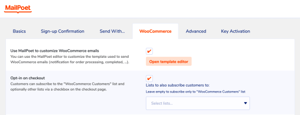 WooCommerce Email Customizer settings in MailPoet