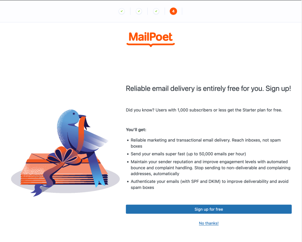 MailPoet set up – sign up to the free Starter plan