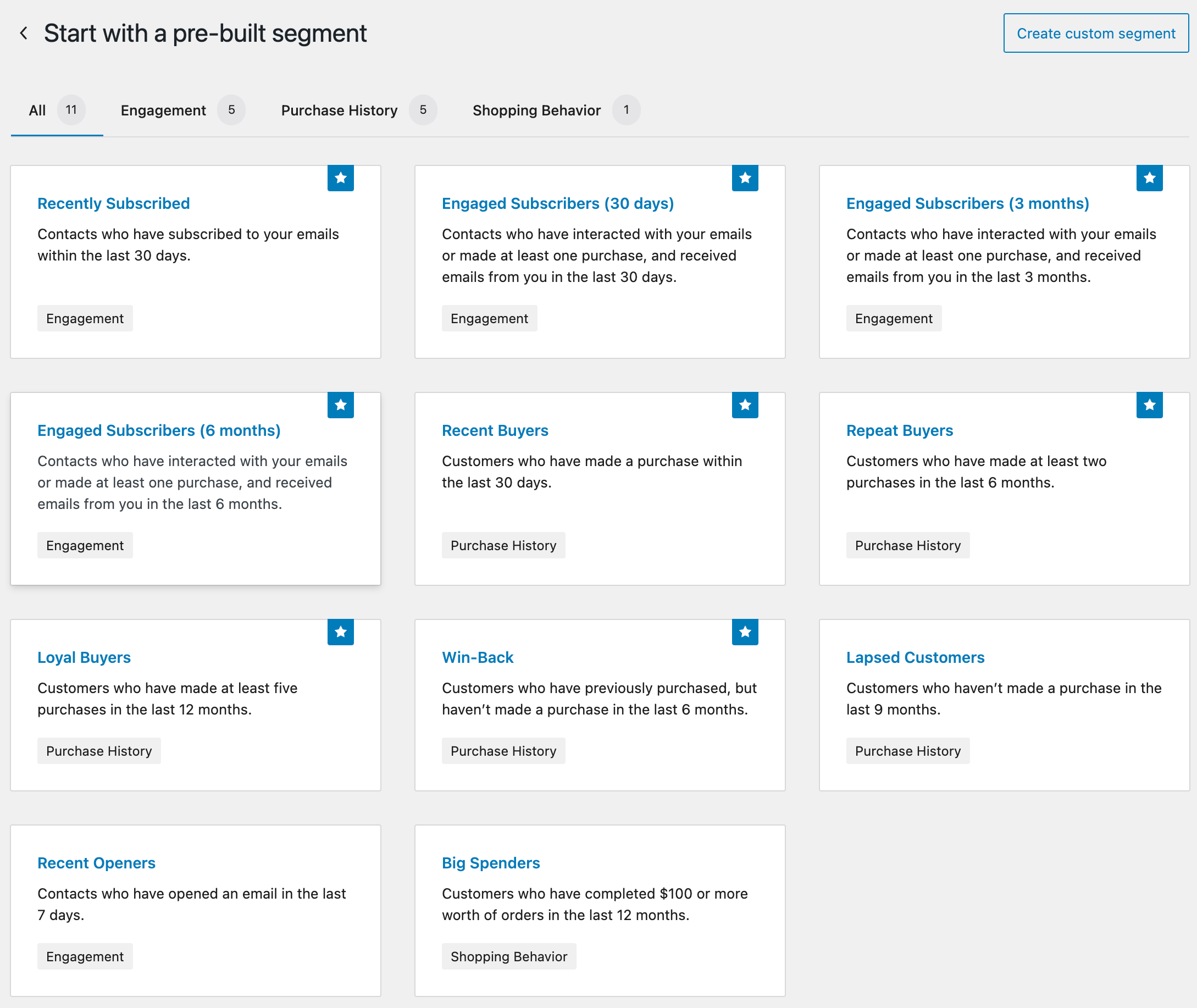 Screenshot of pre-build segmentation templates page