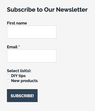 newsletter form with the option to select a list