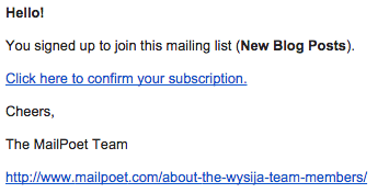 Original signup confirmation email from MailPoet