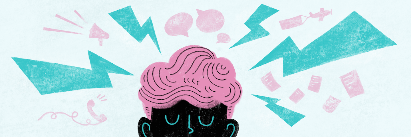 illustration of a person with speech bubbles surrounding their head