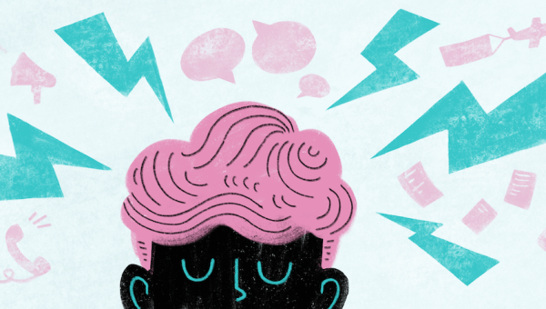 illustration of a person with speech bubbles surrounding their head