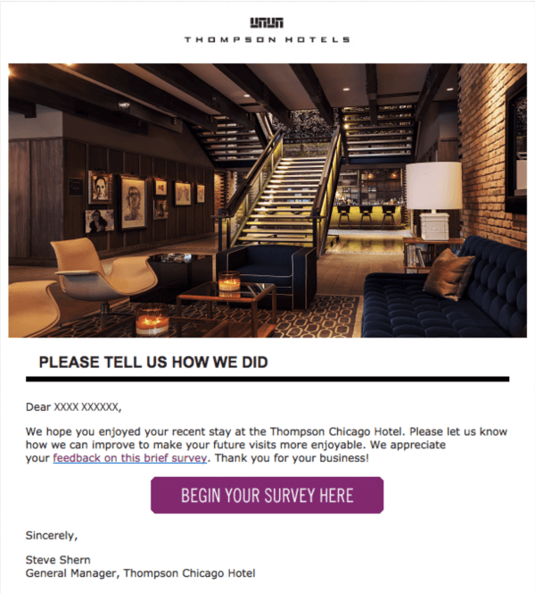 How to Ask for Customer Feedback by Email: Thompson Hotel "Thank You for Your Stay" Email