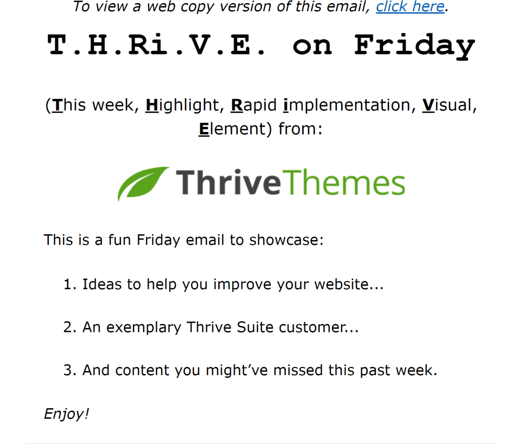 Newsletters, welcome emails, and latest post notifications: Thrive newsletter example