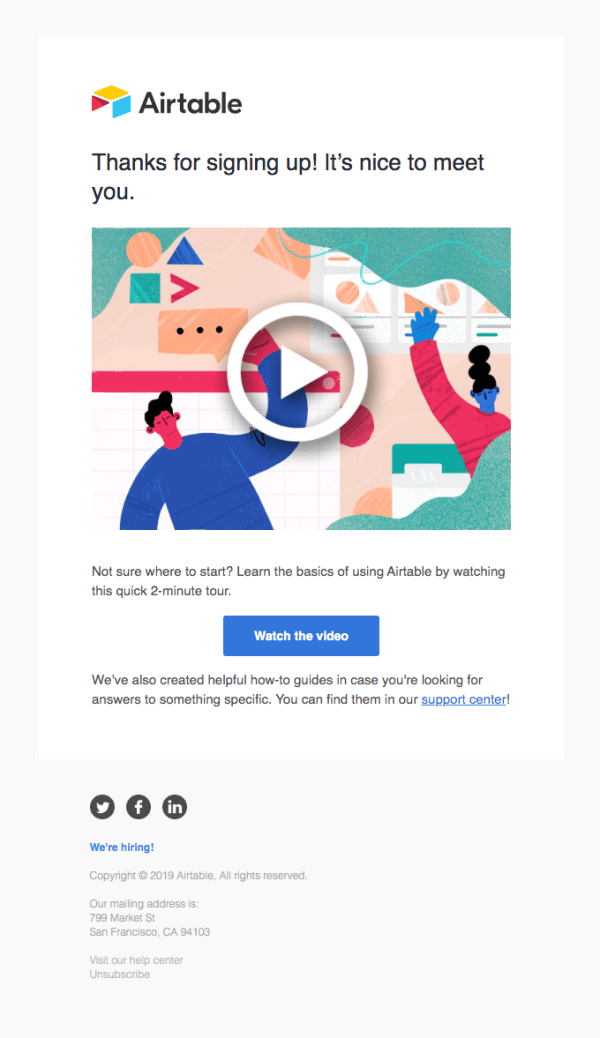 Example of Airtable welcome email.
