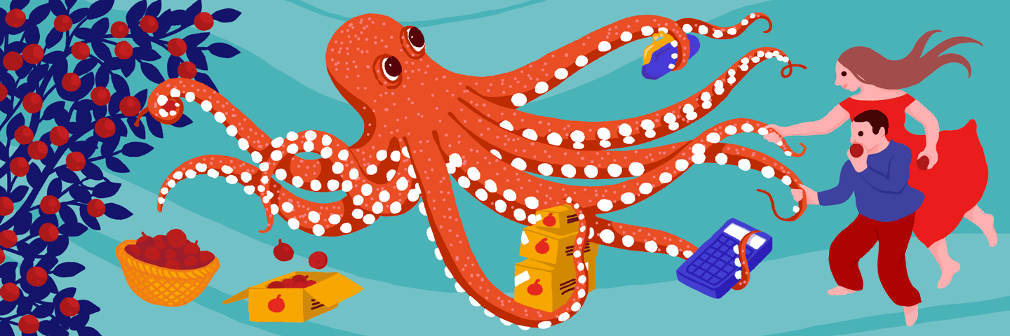 Octopus picking apples and selling them to people