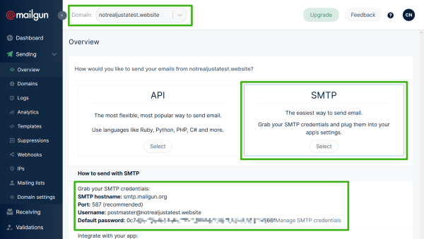 Access Mailgun SMTP credentials for WordPress